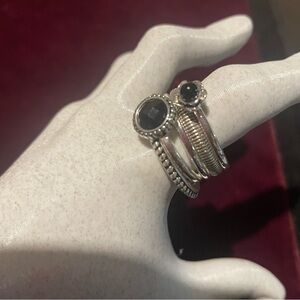 Silver Tone Stackable Statement Ring Set with Black Stone Accents Trendy Fashion